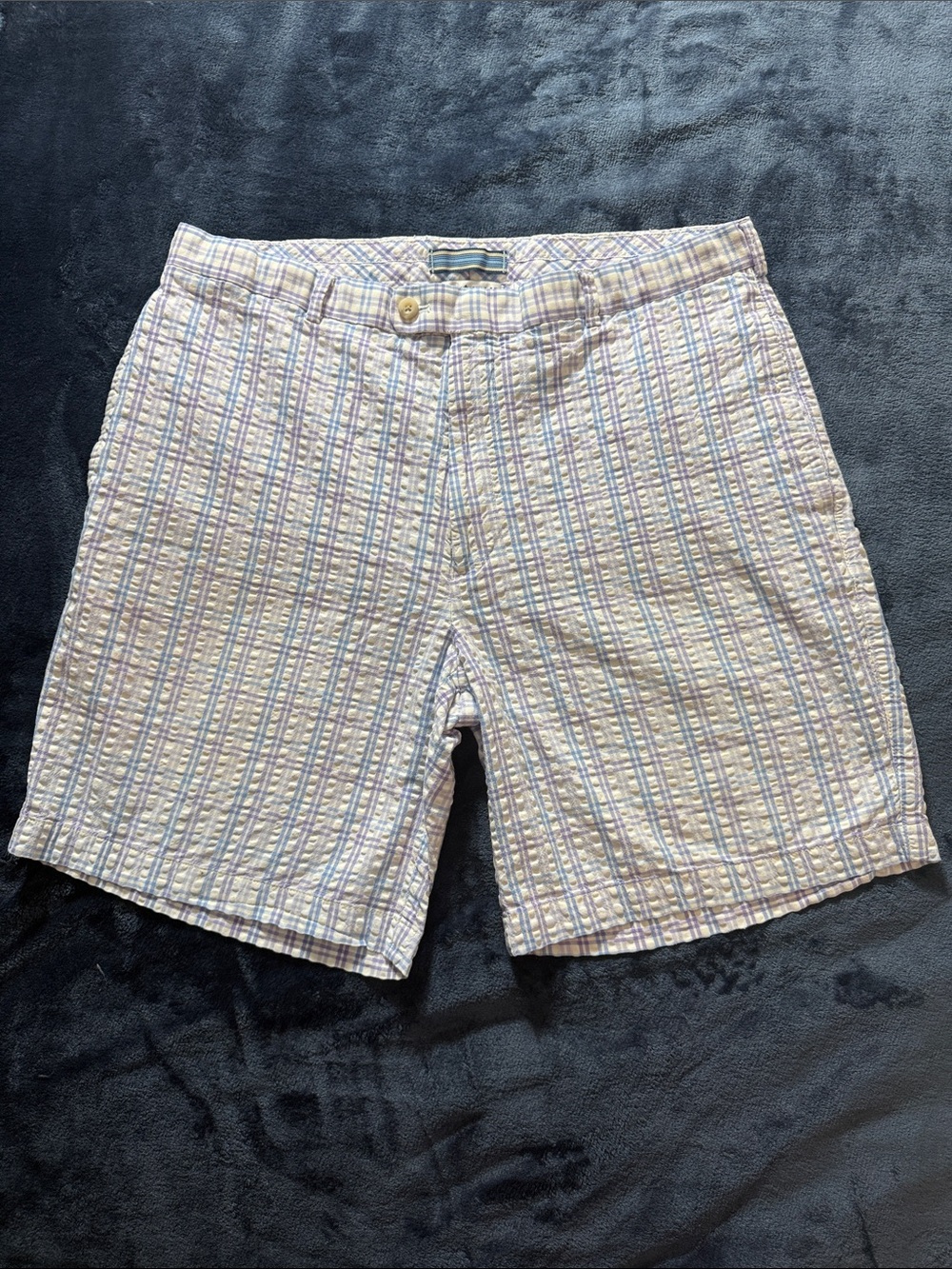 Peter Millar Crown Blue Lavender & White Plaid Seersucker Shorts